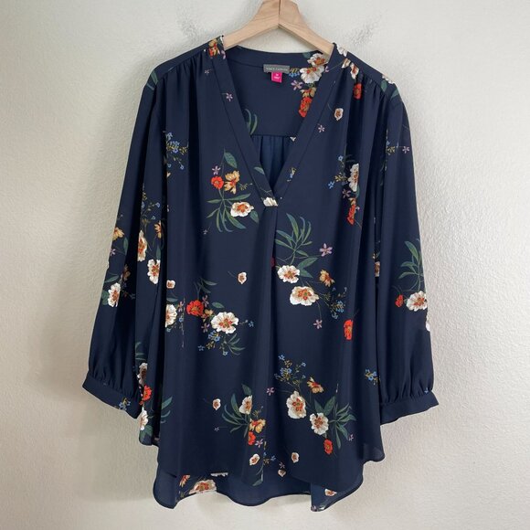 Vince Camuto Womens Plus 3X Navy Floral Blouse V Neck Long Sleeve Tunic Top - Picture 7 of 10